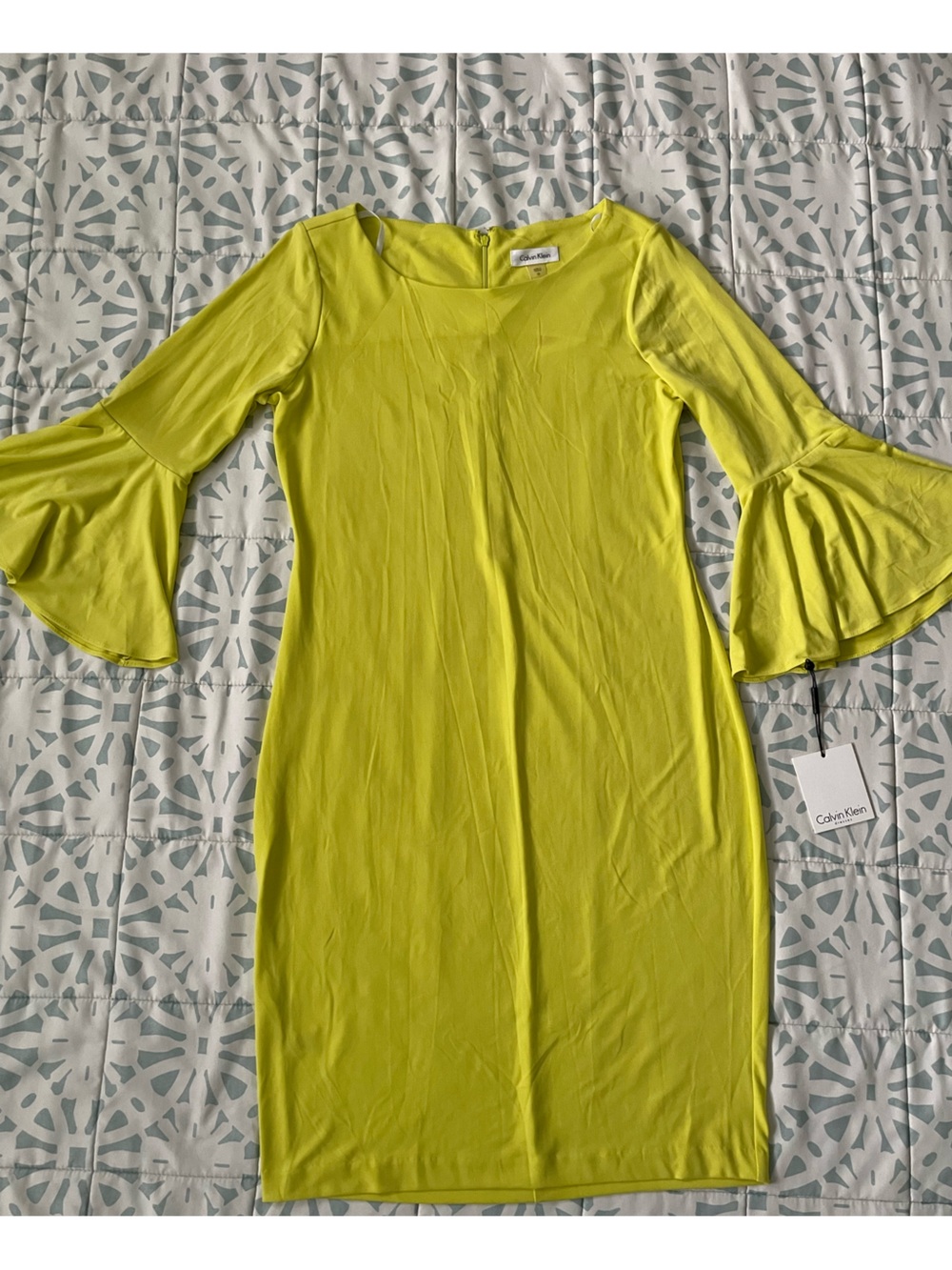 Calvin Klein Lime Yellow Bell-Sleeve Midi Dress